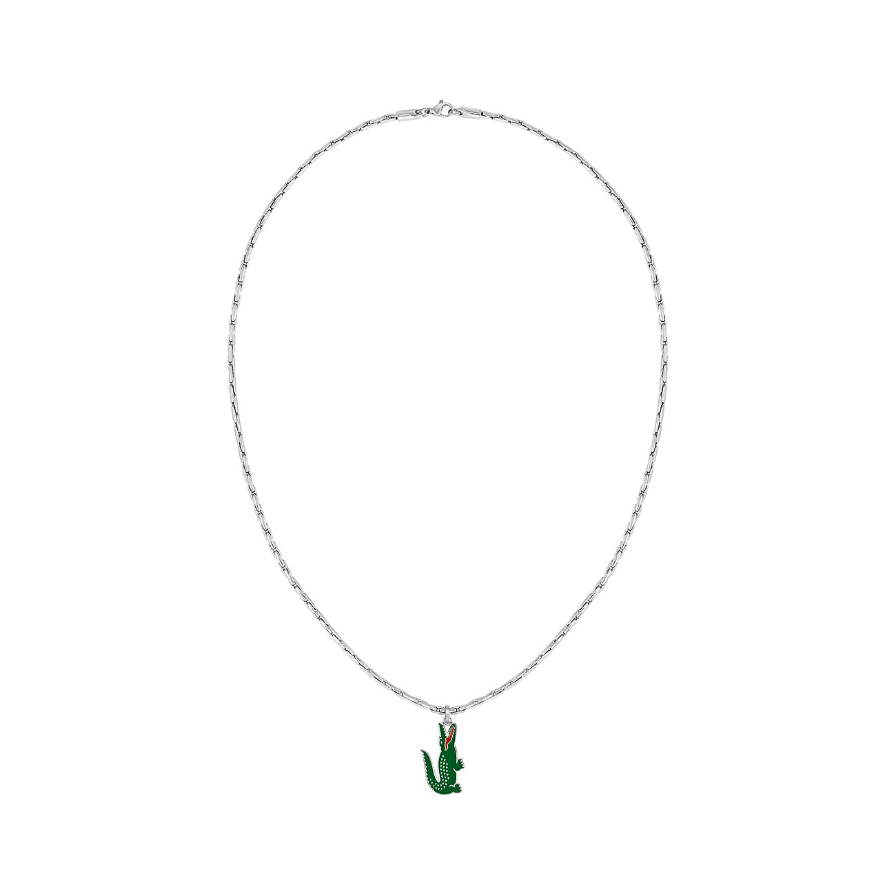 Lacoste rvs collier met een groene krokodillen hanger aan een dunne schakelketting.