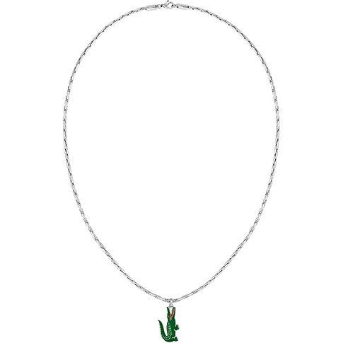 Lacoste rvs collier met een groene krokodillen hanger aan een dunne schakelketting.
