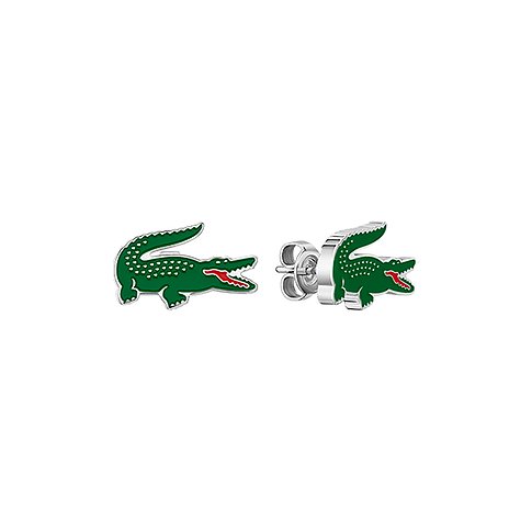 Lacoste Ohrschmuck aus Edelstahl, goldfarben, geformt wie das grüne Krokodil-Logo der Marke.