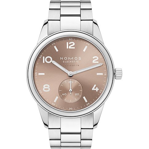 Nomos Glashütte Unisexuhr mit Edelstahlgehäuse, rosafarbenem Zifferblatt und kleiner Sekunde.