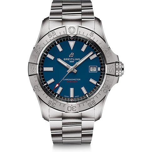 Breitling Herrenuhr mit Edelstahlgehäuse, blauem Zifferblatt und analoger Anzeige.