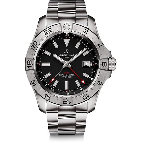 Breitling Herrenuhr mit Edelstahlgehäuse, schwarzem Zifferblatt und GMT-Funktion.