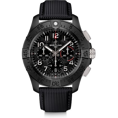 Breitling Herrenuhr mit Keramikgehäuse, analog, Chronograph, schwarzes Zifferblatt.