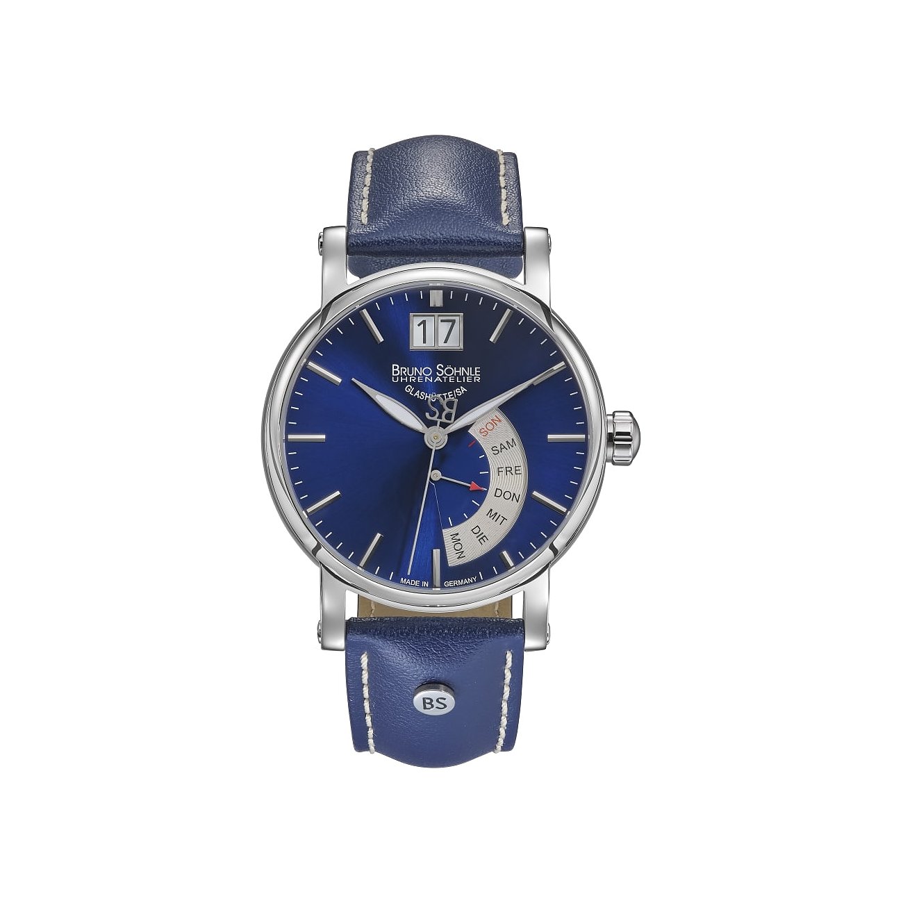 Bruno Söhnle Herrenuhr mit Edelstahlgehäuse, blauem Zifferblatt und Datumsanzeige.