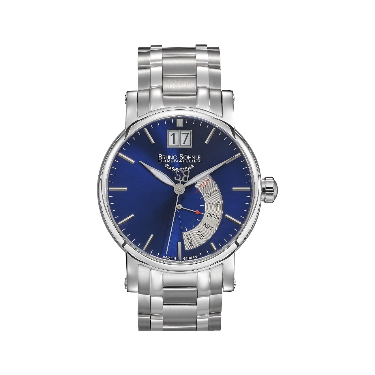 Bruno Söhnle Herrenuhr mit Edelstahlgehäuse, blauem Zifferblatt und Datumsanzeige.