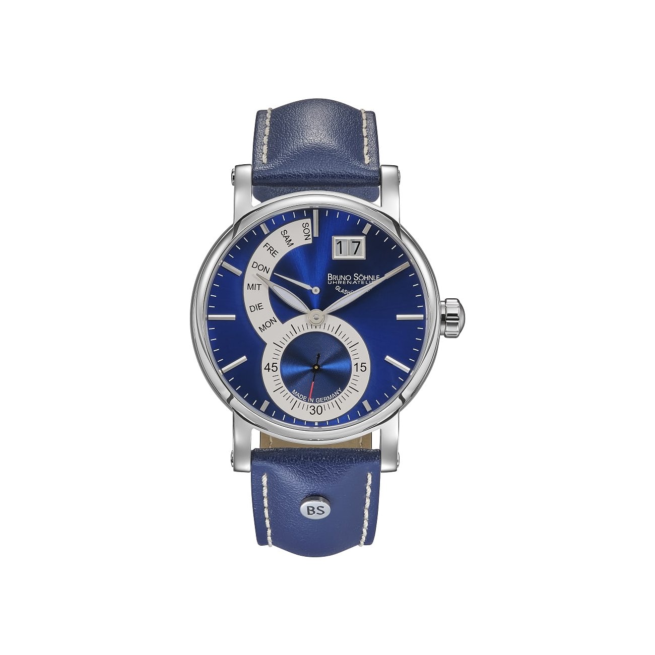Bruno Söhnle Herrenuhr mit Edelstahlgehäuse, blauem Zifferblatt und Datumsanzeige.