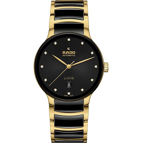 Rado Unisexuhr mit Edelstahlgehäuse, schwarzem Zifferblatt und Diamanten.