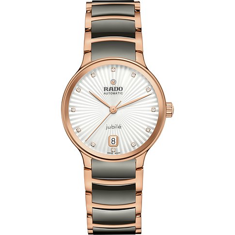 Rado Damenuhr mit Edelstahlgehäuse, roséfarbenen Akzenten und Diamanten.