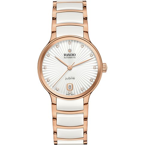 Rado Damenuhr mit Edelstahlgehäuse, weißem Zifferblatt und Diamanten.