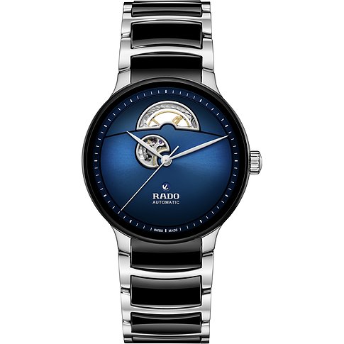 Rado Unisexuhr aus Edelstahl mit Skelett-Zifferblatt und blauer Lünette.