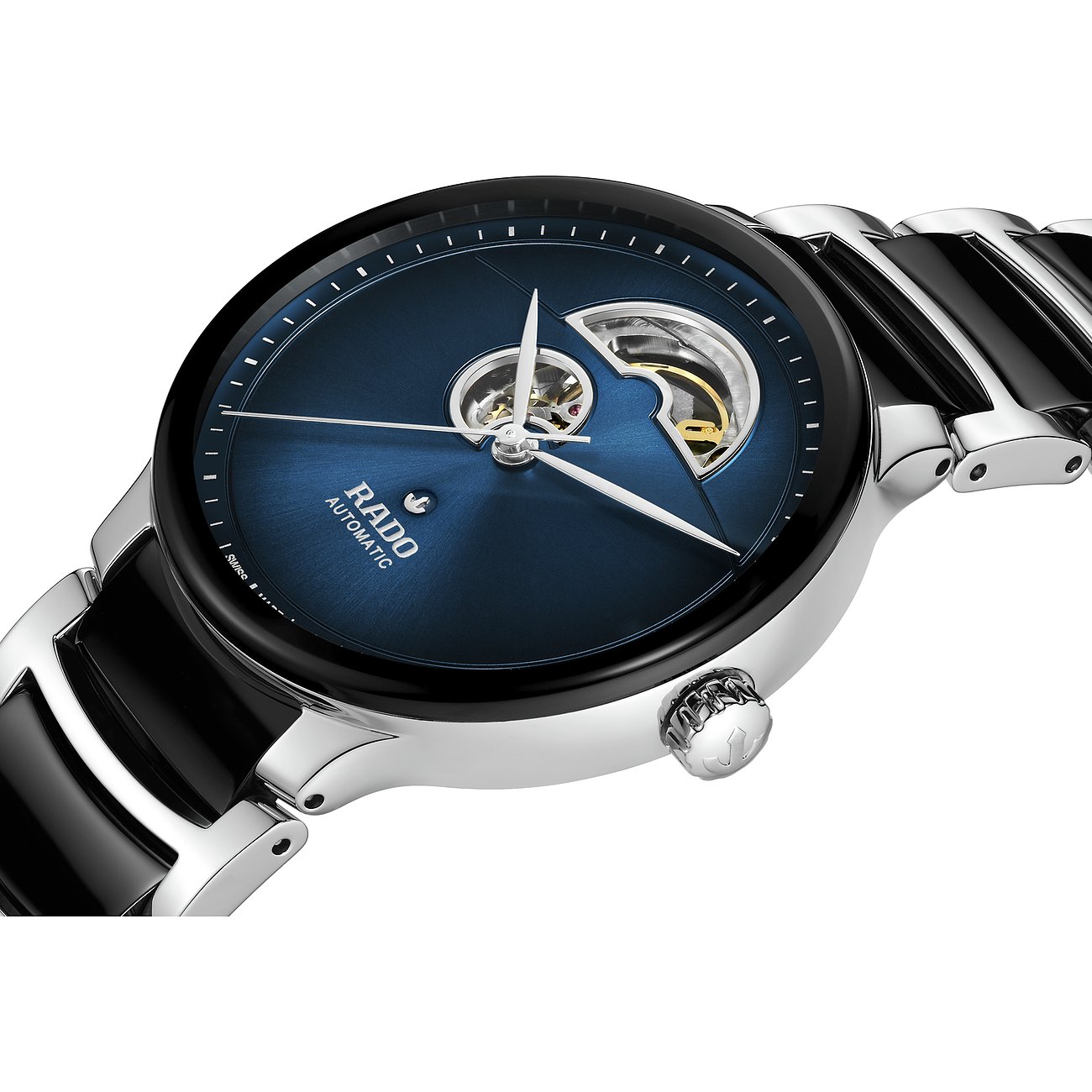 Rado Unisexuhr mit Edelstahlgehäuse, blauem Zifferblatt und offenem Werk.