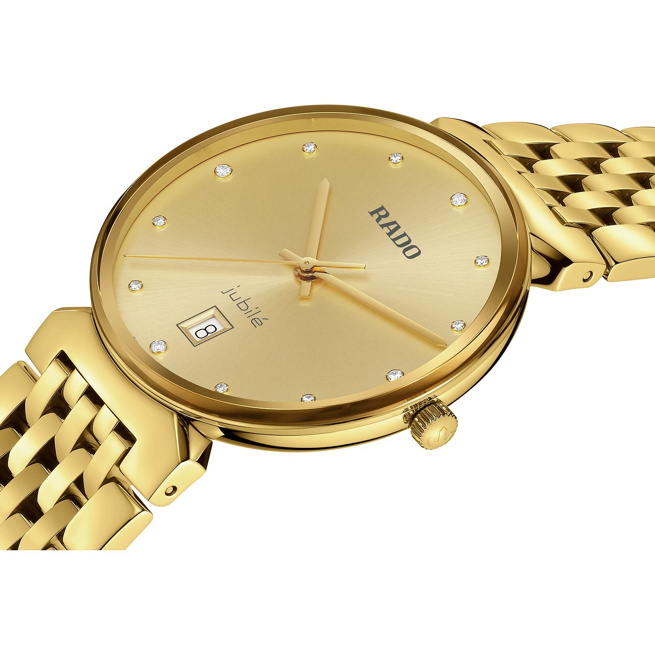 Rado Damenuhr aus Edelstahl mit Zirkonia und Datumsanzeige.