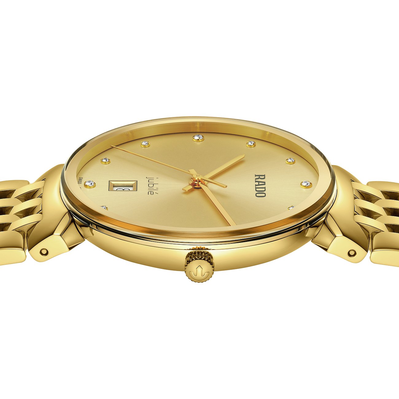 Rado Damenuhr mit Edelstahlgehäuse, goldfarben, analog, mit 8 Diamanten.