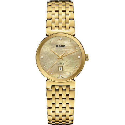 Rado Damenuhr mit Edelstahlgehäuse, goldfarben, mit 8 Diamanten und Datumsanzeige.