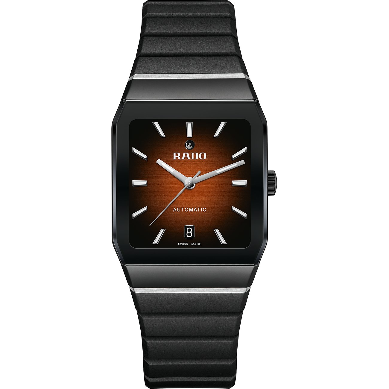 Rado Herrenuhr mit Keramikgehäuse, braunem Zifferblatt und silberfarbenen Indizes.