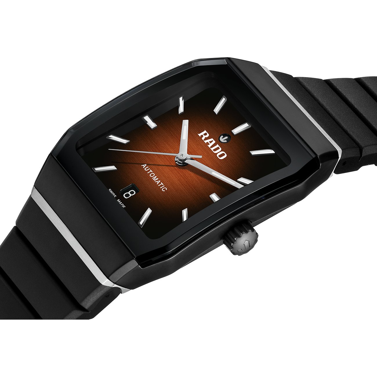 Rado Herrenuhr mit Keramikgehäuse, braunem Zifferblatt und Automatikwerk.