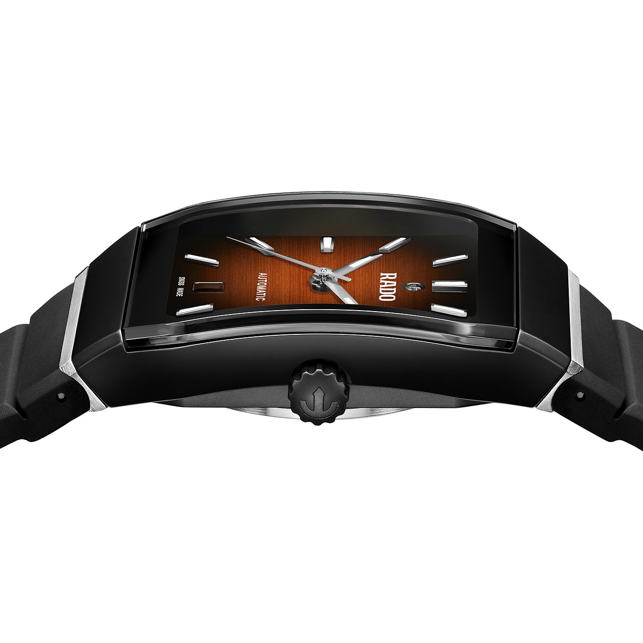 Rado Herrenuhr mit Keramikgehäuse, braunem Zifferblatt und silberfarbenen Indizes.