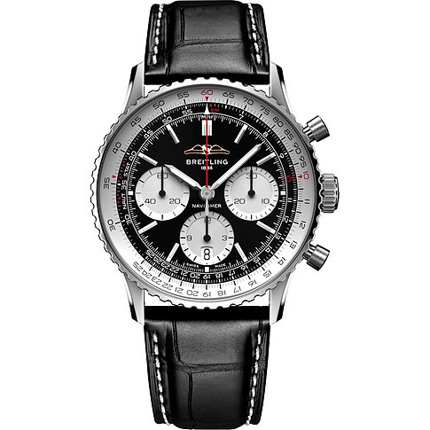Breitling Herrenuhr mit Edelstahlgehäuse, schwarzem Zifferblatt und Chronograph.
