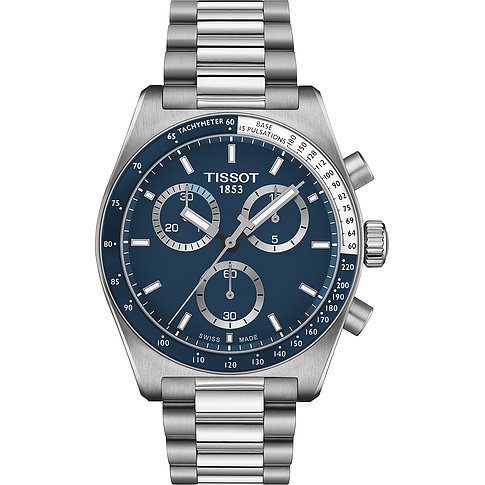 Tissot Herrenuhr mit Edelstahlgehäuse, blauem Zifferblatt und Chronographenanzeige.