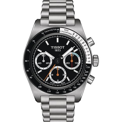 Tissot Herrenuhr mit Edelstahlgehäuse, schwarzem Zifferblatt und Chronograph.