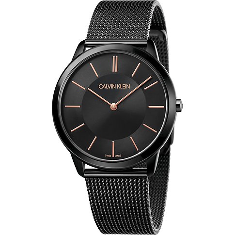 Calvin Klein Herrenuhr mit Edelstahlgehäuse, schwarzem Zifferblatt und roséfarbenen Indizes.