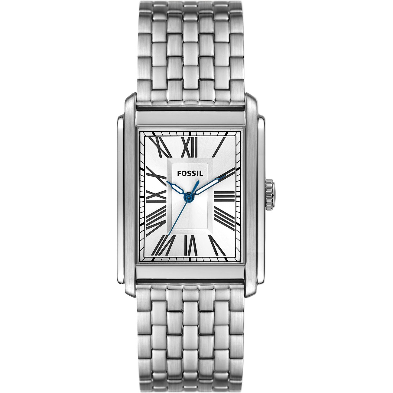 Fossil Herrenuhr mit Edelstahlgehäuse, analog, römische Ziffern und blauen Zeigern.