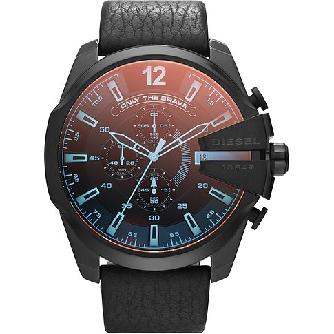 Diesel Herrenuhr mit Edelstahlgehäuse, analog, Chronograph, orange/blaues Zifferblatt.