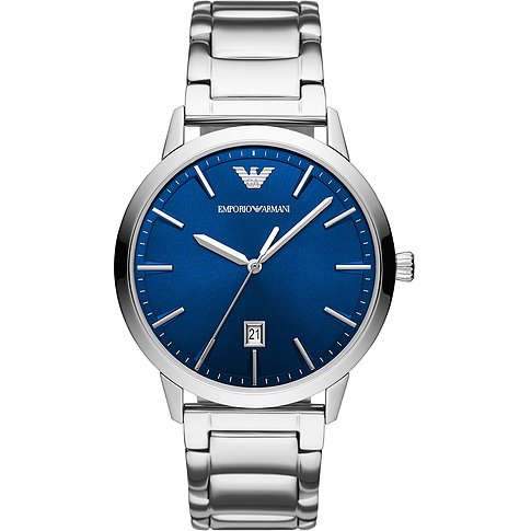 Emporio Armani Herrenuhr mit Edelstahlgehäuse, blauem Zifferblatt und Datum.