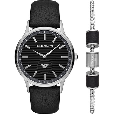 Emporio Armani Set mit Edelstahlgehäuse, schwarzem Zifferblatt und Lederarmband.