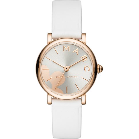 Marc by Marc Jacobs Damenuhr aus roséfarbenem Edelstahl mit weißem Armband und silbernem Zifferblatt.
