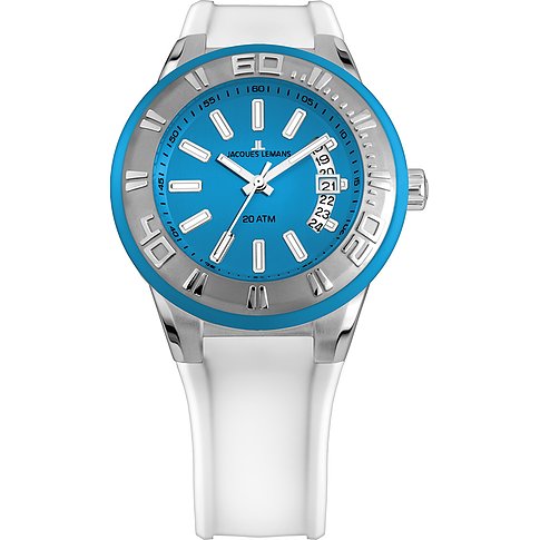 Jacques Lemans Herrenuhr mit Edelstahlgehäuse, blauem Zifferblatt und weißem Armband.