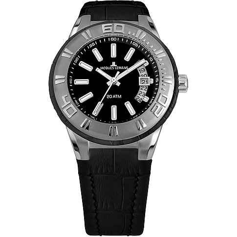 Jacques Lemans Herrenuhr mit Edelstahlgehäuse, schwarzem Zifferblatt und Datum.