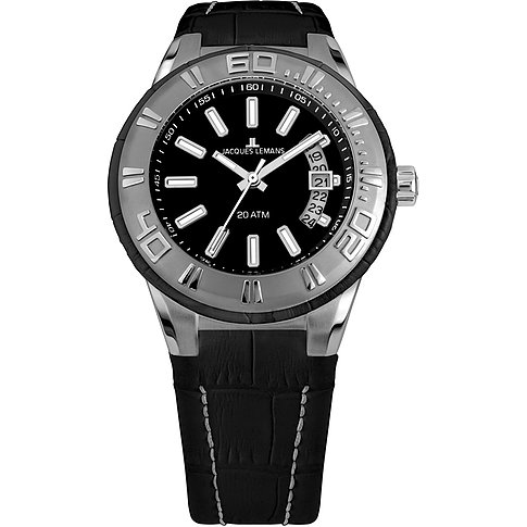 Jacques Lemans Herrenuhr mit Edelstahlgehäuse, schwarzem Zifferblatt und Datum.