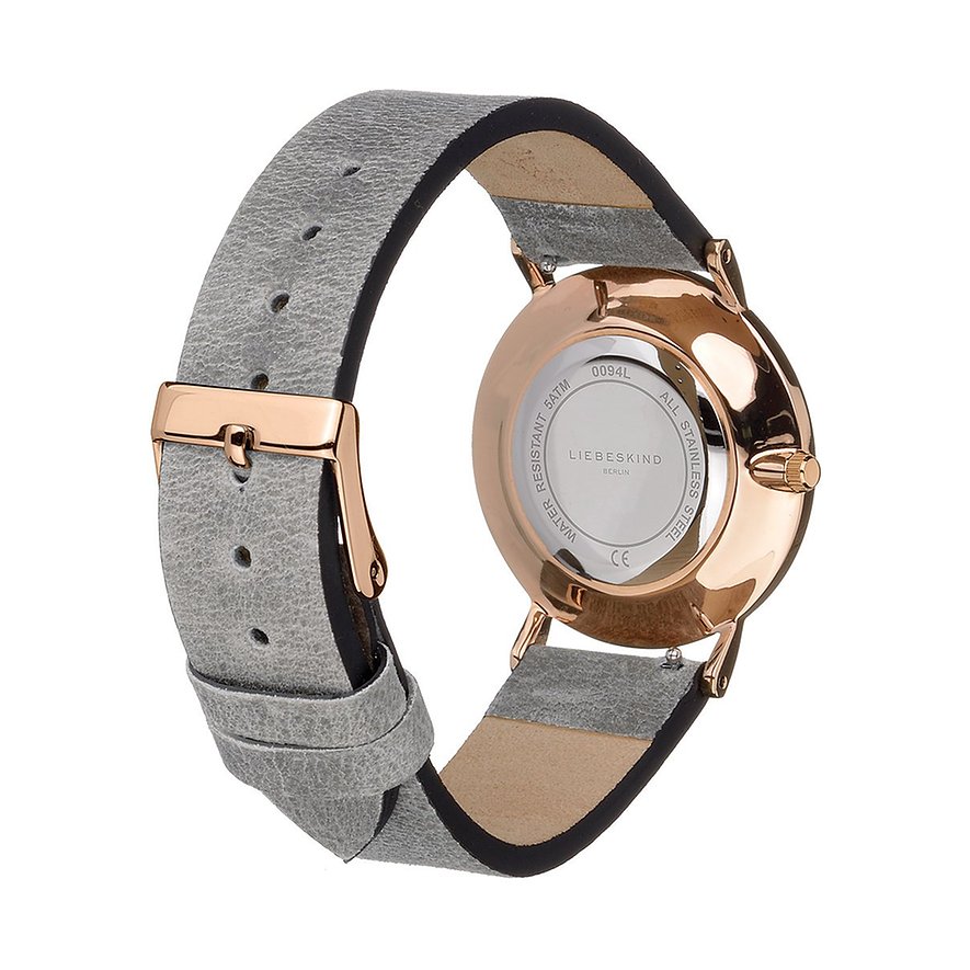Liebeskind Damenuhr mit Edelstahlgehäuse, roségoldfarben, grauem Lederarmband.