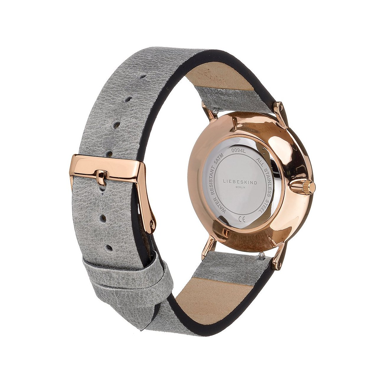 Liebeskind Damenuhr mit Edelstahlgehäuse, roségoldfarben, grauem Lederarmband.