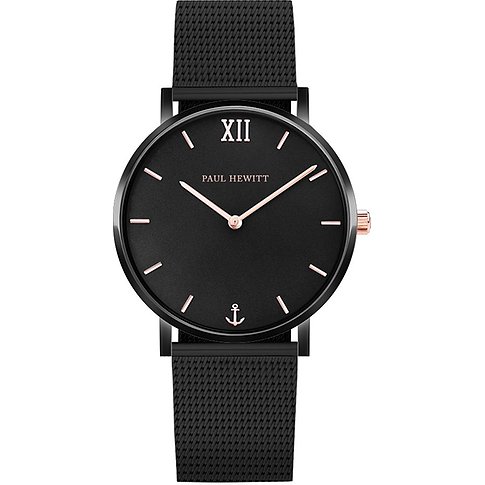 Paul Hewitt Herrenuhr mit Edelstahlgehäuse, schwarzem Zifferblatt und Anker-Symbol.