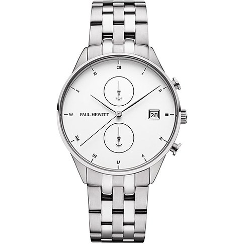 Paul Hewitt Damenuhr aus Edelstahl mit weißem Zifferblatt und zwei Chronographen.