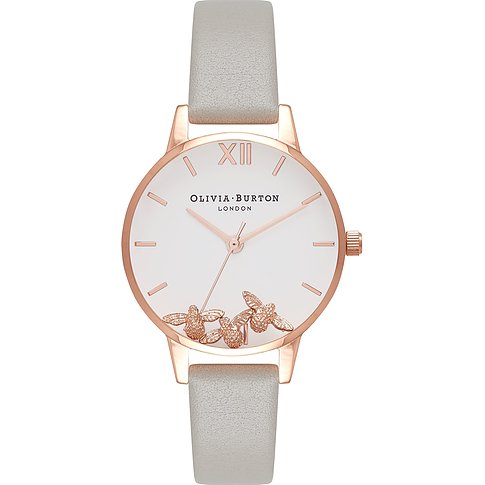Olivia Burton Damenuhr mit Edelstahlgehäuse, analog, mit Bienen-Applikationen.