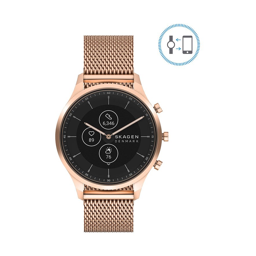Skagen Connected Smartwatch mit Edelstahlgehäuse, analog/digital, mit Mesh-Armband.