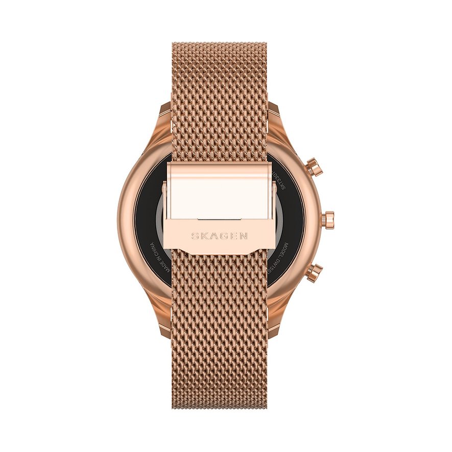 Skagen Connected Smartwatch mit Edelstahlgehäuse, roségoldfarbenes Mesh-Armband.