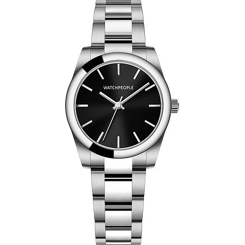 Watchpeople Damenuhr mit Edelstahlgehäuse, schwarzem Zifferblatt und silberfarbenem Armband.