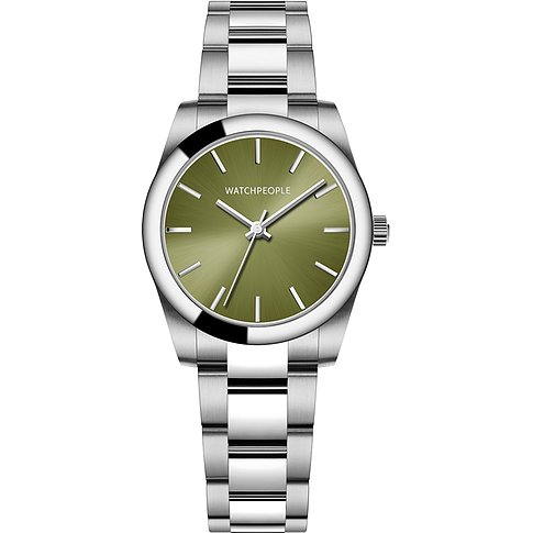 Watchpeople Damenuhr mit Edelstahlgehäuse, grünem Zifferblatt und Metallarmband.