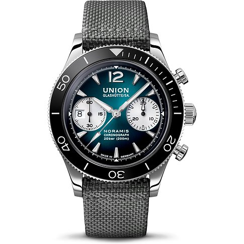 Union Glashütte Herrenuhr mit Edelstahlgehäuse und Keramiklünette, blaues Zifferblatt.