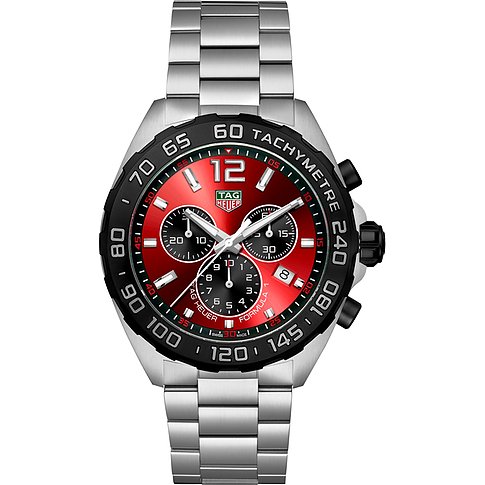 TAG Heuer Herrenuhr mit Edelstahlgehäuse, rotem Zifferblatt und Chronograph.
