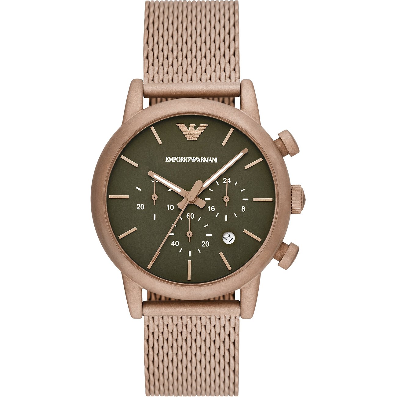 Emporio Armani Herrenuhr mit Edelstahlgehäuse, analog, Chronograph, Datumsanzeige.