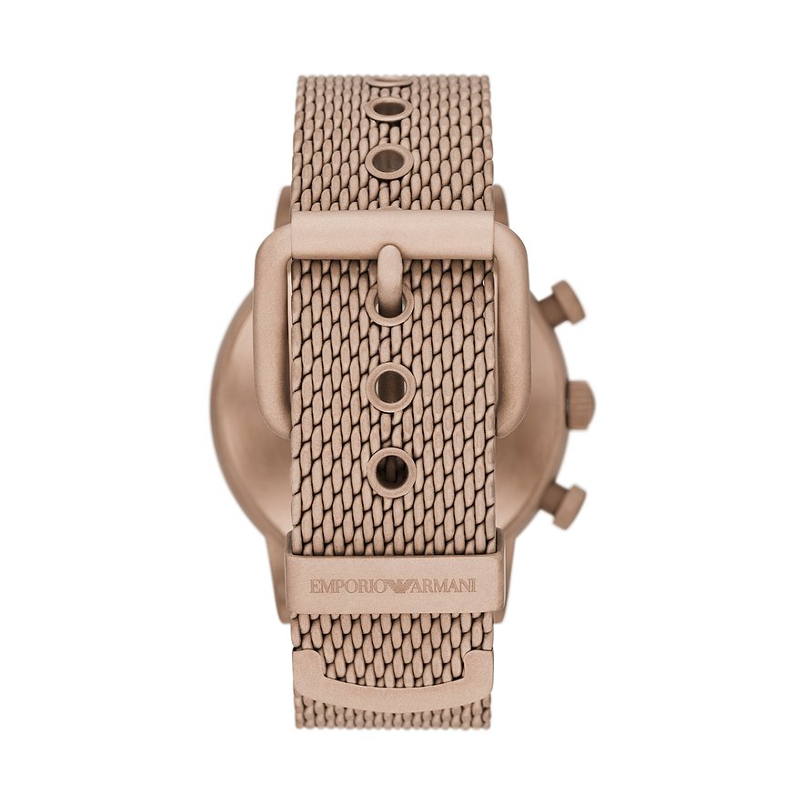 Emporio Armani Herrenuhr mit Edelstahlgehäuse und roséfarbenem Mesh-Armband.