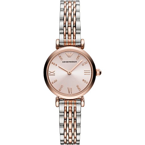 Emporio Armani Damenuhr mit Edelstahlgehäuse, bicolor, mit Glassteinen.