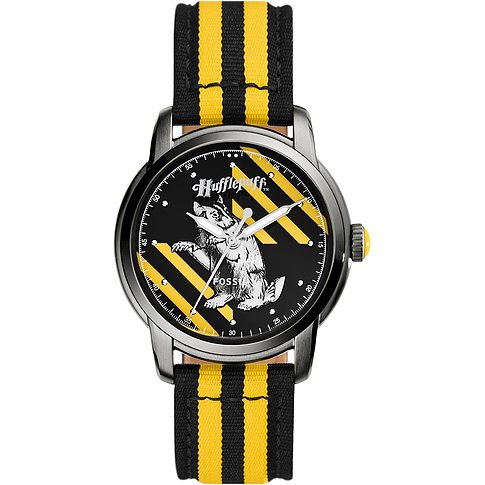 Fossil Herrenuhr mit Edelstahlgehäuse, schwarzem Zifferblatt und gelb-schwarzem Armband.
