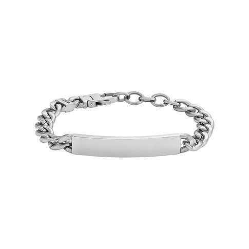 Fossil Armband aus Edelstahl mit breiten Gliedern und Gravurplatte.
