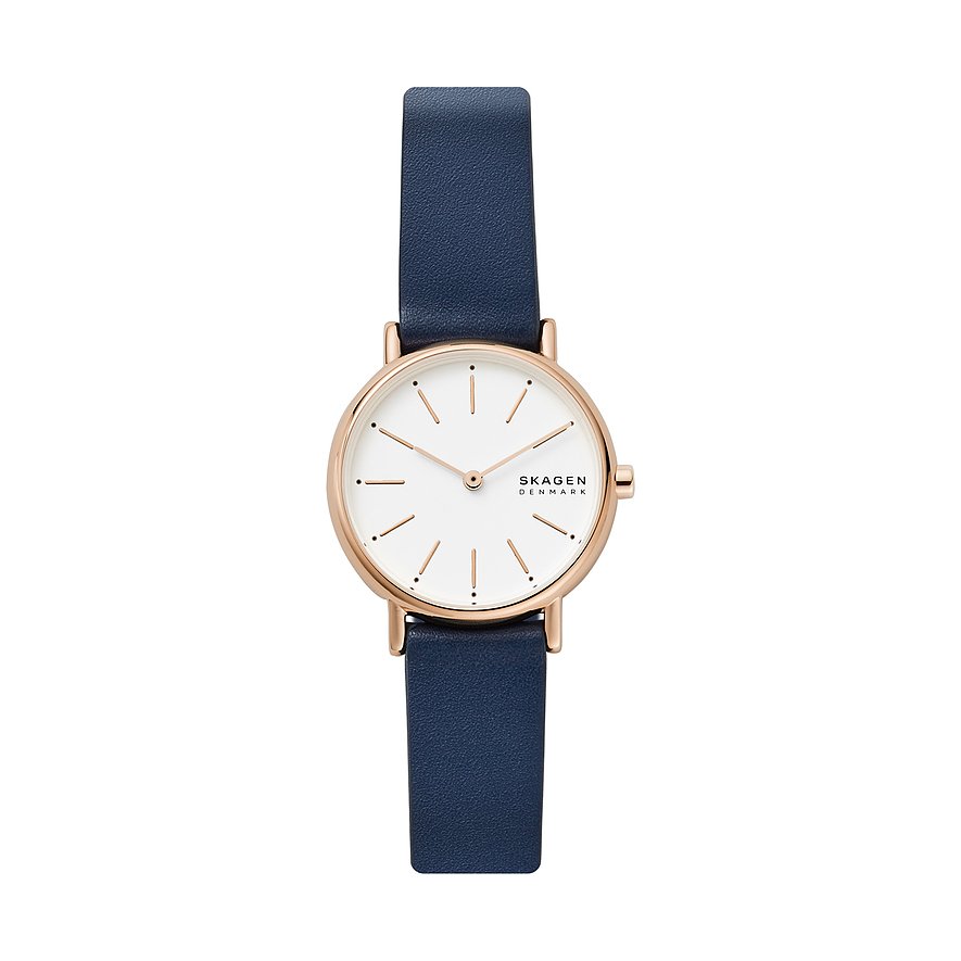 Skagen Damenuhr mit Roségold-Gehäuse, weißem Zifferblatt und blauem Lederarmband.